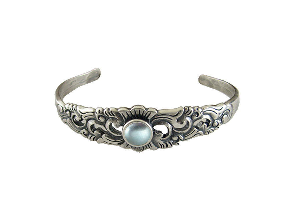 Sterling Silver Detailed Cuff Bracelet With Blue Topaz